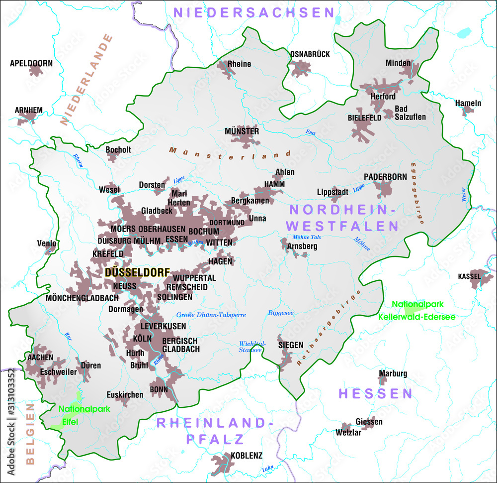 Obraz premium Map of federal state of Nordrhein-Westfalen - Germany