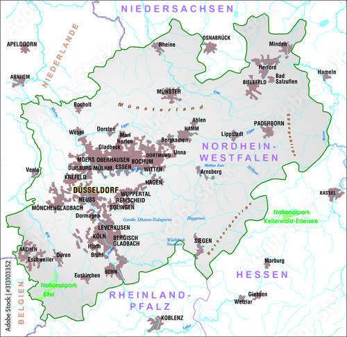 Map of federal state of Nordrhein-Westfalen - Germany