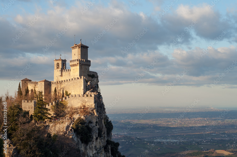 San Marino city view. Beautiful castle on the rock and and the surrounding lands. San Marino landmark. Italy.