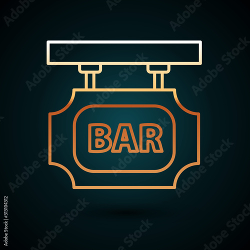Gold line Street signboard with inscription Bar icon isolated on dark blue background. Suitable for advertisements bar, cafe, pub, restaurant. Vector Illustration