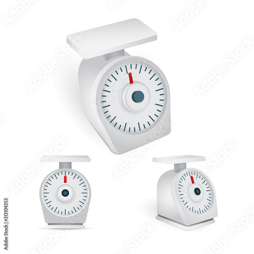 Kitchen scales. Kitchen scales realistic vector illustration isolated on white background. Weight scales isometric graphic collection. Part of set. 