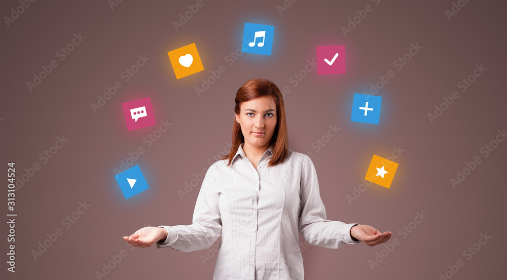Young person juggle with application icons Young person juggle with application icons
