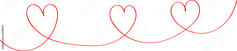 Three hearts on one line - outline drawing for an emblem or logo. Template for greeting card for Valentine's Day.