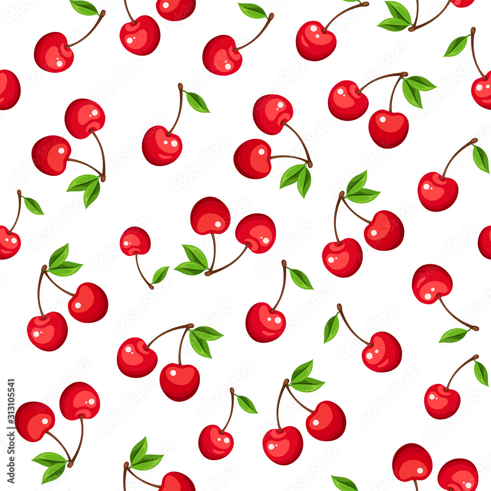 Vector seamless pattern with red cherry berries on a white background.