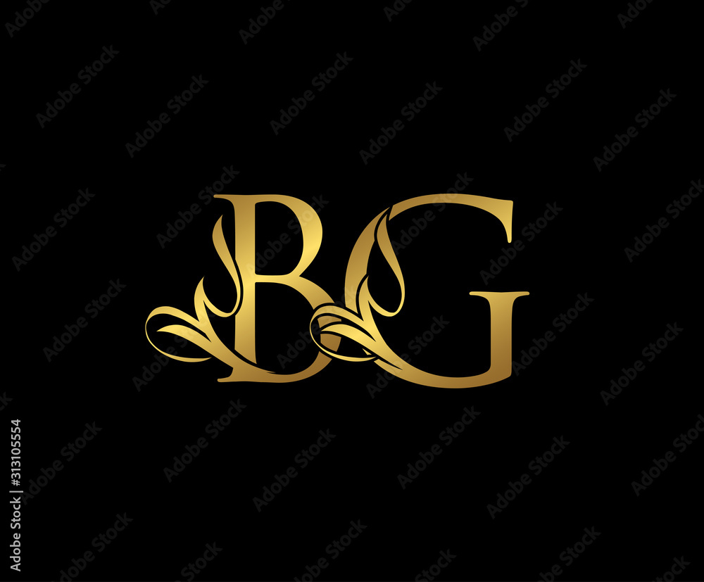 Classy  letter B , G and BG  Vintage Gold Floral Logo Icon, overlapping monogram logo, elegant luxury gold color on black background. Classy Letter Logo Icon.