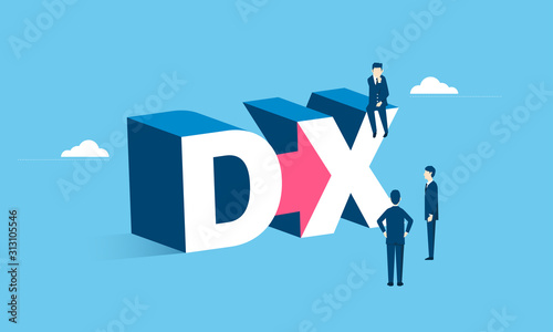 デジタルトランスフォーメーションのイラストイメージ、DXの文字とビジネスパーソン、ベクター