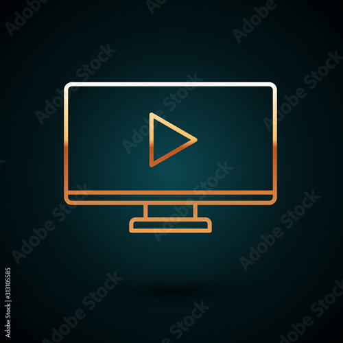 Gold line Online play video icon isolated on dark blue background. Computer monitor and film strip with play sign. Vector Illustration