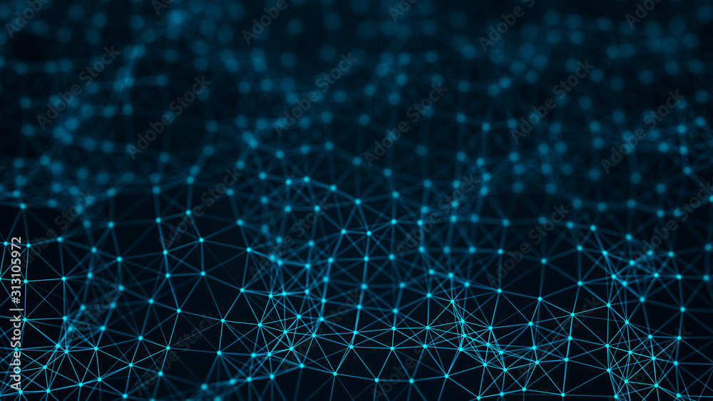 Abstract composition with connecting dots and lines. Blue background. Plexus effect. Big data. 3D rendering
