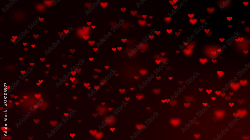 Valentine day pattern. Heart scatter flying on dark background. Romantic mood symbols. 3D illustration