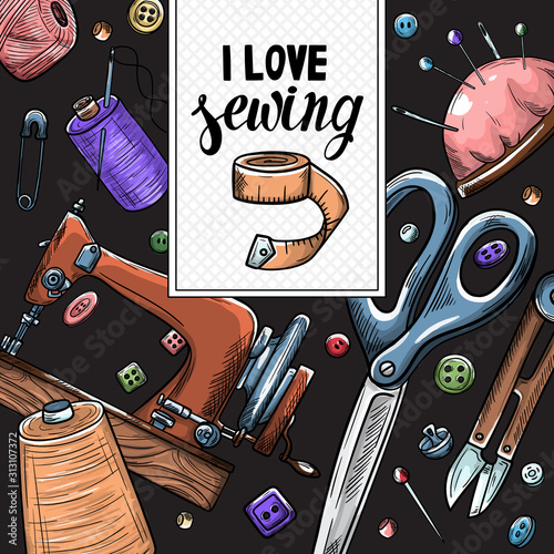 Tailor or dressmaker work and fashion designer atelier sketch items. Vector sewing illustration in retro vintage style on blackboard.
