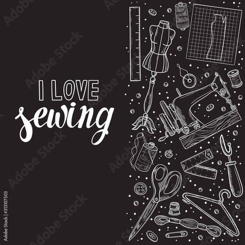 Tailor or dressmaker work and fashion designer atelier sketch items. Vector sewing illustration in retro vintage style on blackboard.