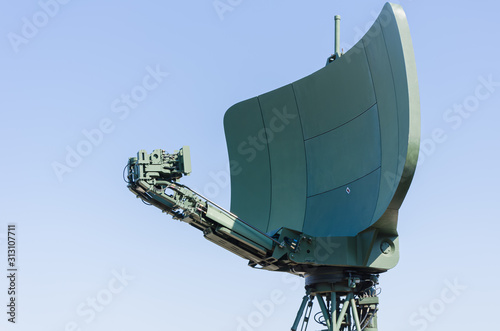 Military air defense radar station, modern army industry, white blue sky on back Fototapet