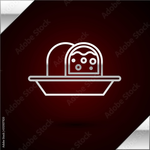 Silver line Marzipan sponge cake icon isolated on dark red background. Merry Christmas and Happy New Year. Vector Illustration