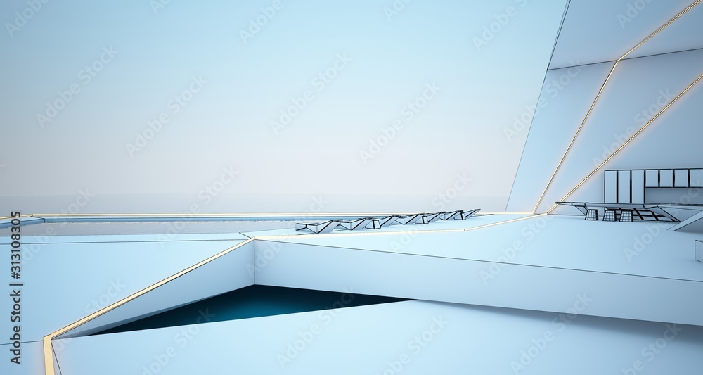 Abstract drawing architectural white interior of a modern villa on the sea with swimming pool and window. 3D illustration and rendering.