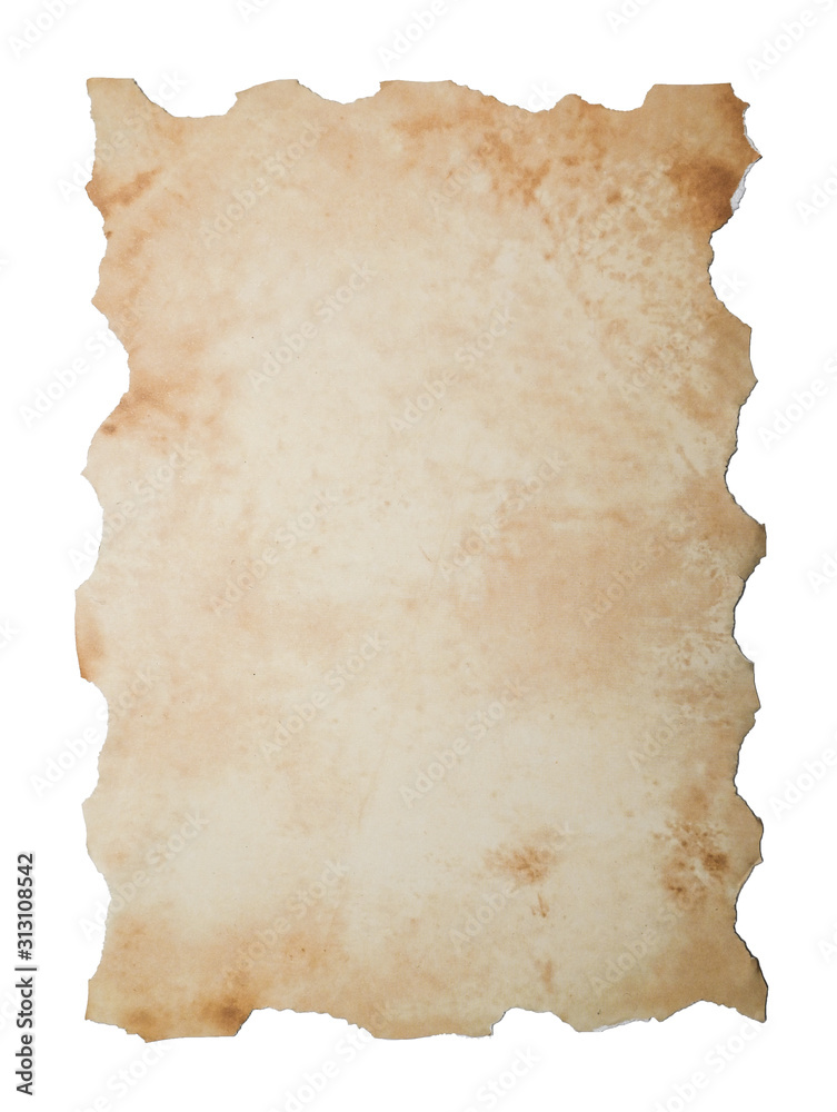 Old paper with burnt edges isolated on white