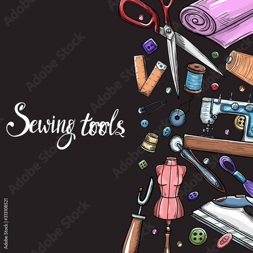 Tailor or dressmaker work and fashion designer atelier sketch items. Vector sewing illustration in retro vintage style on blackboard.