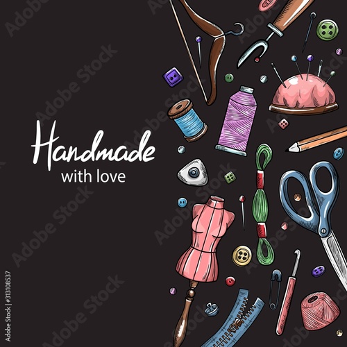 Tailor or dressmaker work and fashion designer atelier sketch items. Vector sewing illustration in retro vintage style on blackboard.