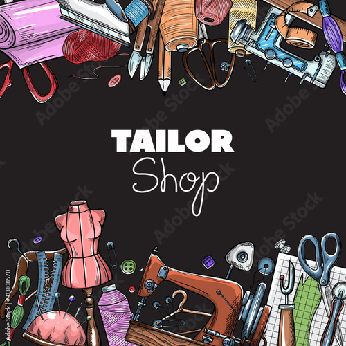 Tailor or dressmaker work and fashion designer atelier sketch items. Vector sewing illustration in retro vintage style on blackboard.