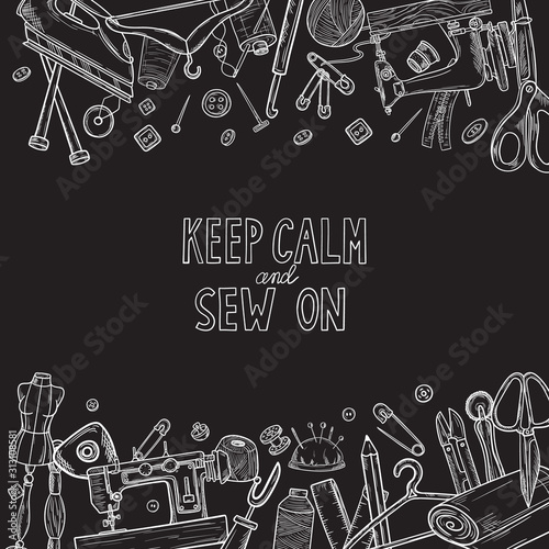 Tailor or dressmaker work and fashion designer atelier sketch items. Vector sewing illustration in retro vintage style on blackboard.