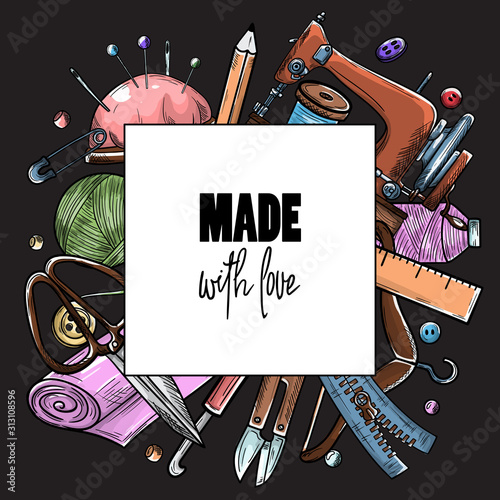 Tailor or dressmaker work and fashion designer atelier sketch items. Vector sewing illustration in retro vintage style on blackboard.