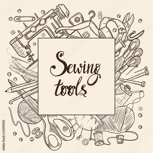 Tailor or dressmaker work and fashion designer atelier sketch items. Vector sewing illustration in retro vintage style