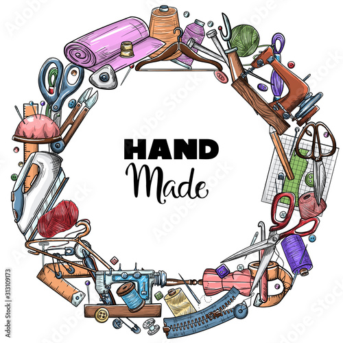Tailor or dressmaker work and fashion designer atelier sketch items. Vector sewing illustration in retro vintage style