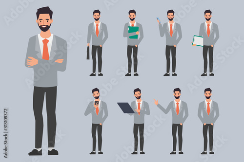 Set of businessman creation character pose with occupation job in uniform suit.