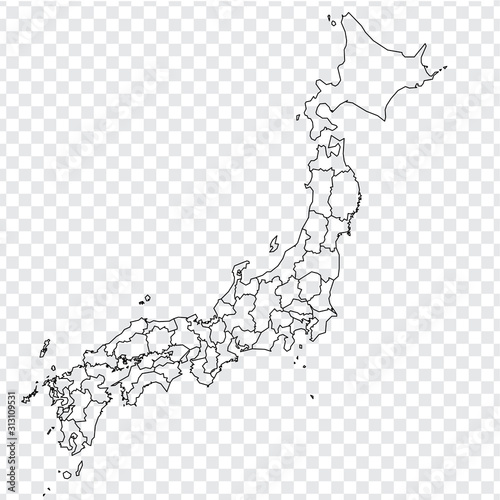 Blank map of Japan. High quality map of Japan with provinces on transparent background for your web site design, logo, app, UI. Asia. EPS10. 