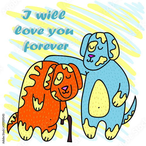 Seamless vector print. Cute bright dogs in life situations. Ideal for paper  souvenir and textile industries.