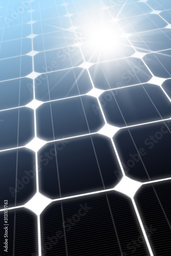 3D illustration of a close-up of a Solar Panel  photovoltaic panel  with the reflection of the sun rays  full frame