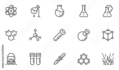 Chemistry Vector Line Icons Set. Laboratory, Flask, Experiment, Research, Scientific Equipment. Editable Stroke. 48x48 Pixel Perfect.