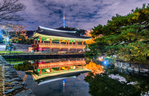 namsangol hanok village at night in seoul city south korea photo