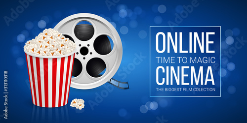 Cinematograph Concept Banner Design Template with Film Reel and Popcorn in the Striped Bag Over Blue Background with Blur Light Effects. Cinematography Movie Festival Concept