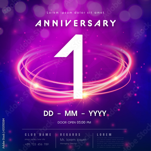 1 years anniversary logo template on purple Abstract futuristic space background. 1st modern technology design celebrating numbers with Hi-tech network digital technology concept design elements.