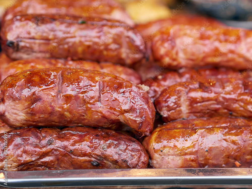 background texture a delicious fried sausages in the line
