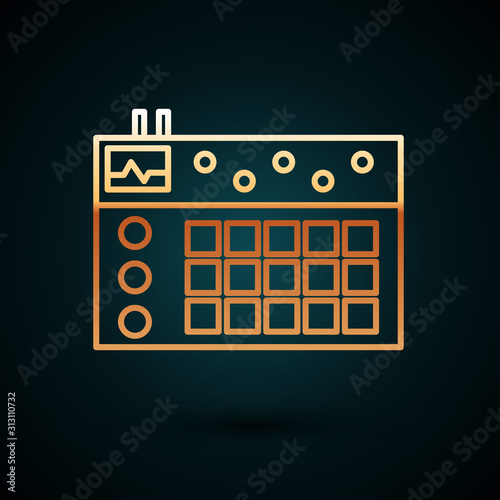 Gold line Drum machine icon isolated on dark blue background. Musical equipment. Vector Illustration