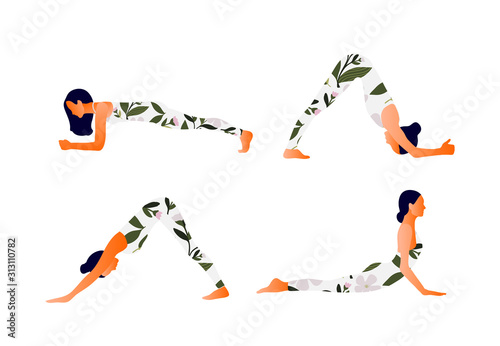 Yoga Downward and upward facing dog Woman health. Yoga asanas. Exercises for mom to strengthen arms and backs muscles. Vector cartoon illustration. 