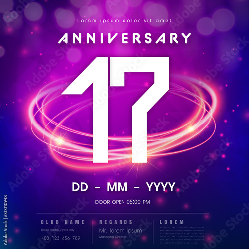 17 years anniversary logo template on purple Abstract futuristic space background. 17th modern technology design celebrating numbers with Hi-tech network digital technology concept design elements.