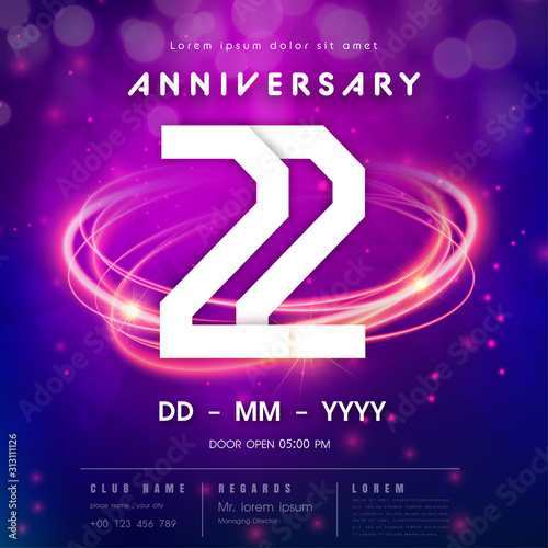 22 years anniversary logo template on purple Abstract futuristic space background. 22nd modern technology design celebrating numbers with Hi-tech network digital technology concept design elements.