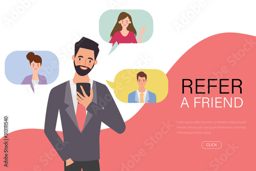 Young businessman refer a friend with smartphone. People in community character.