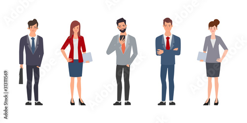 Business people teamwork office character. Social media communication with gadget.