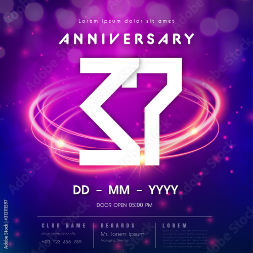 37 years anniversary logo template on purple Abstract futuristic space background. 37th modern technology design celebrating numbers with Hi-tech network digital technology concept design elements.