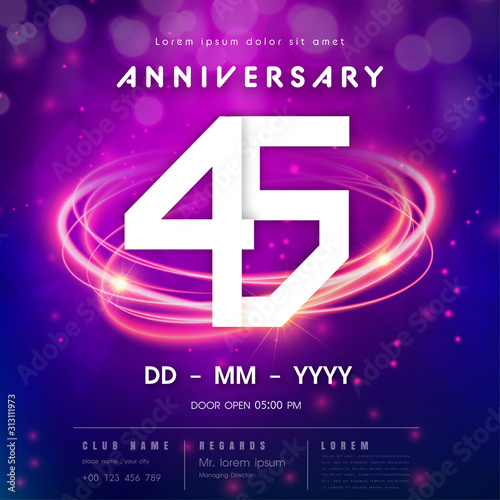 45 years anniversary logo template on purple Abstract futuristic space background. 45th modern technology design celebrating numbers with Hi-tech network digital technology concept design elements.