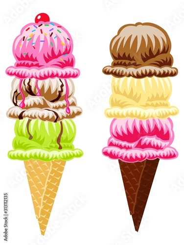 two triple scoop ice cream cones 