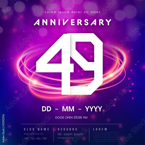 49 years anniversary logo template on purple Abstract futuristic space background. 49th modern technology design celebrating numbers with Hi-tech network digital technology concept design elements.