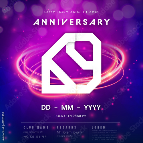 69 years anniversary logo template on purple Abstract futuristic space background. 69th modern technology design celebrating numbers with Hi-tech network digital technology concept design elements.