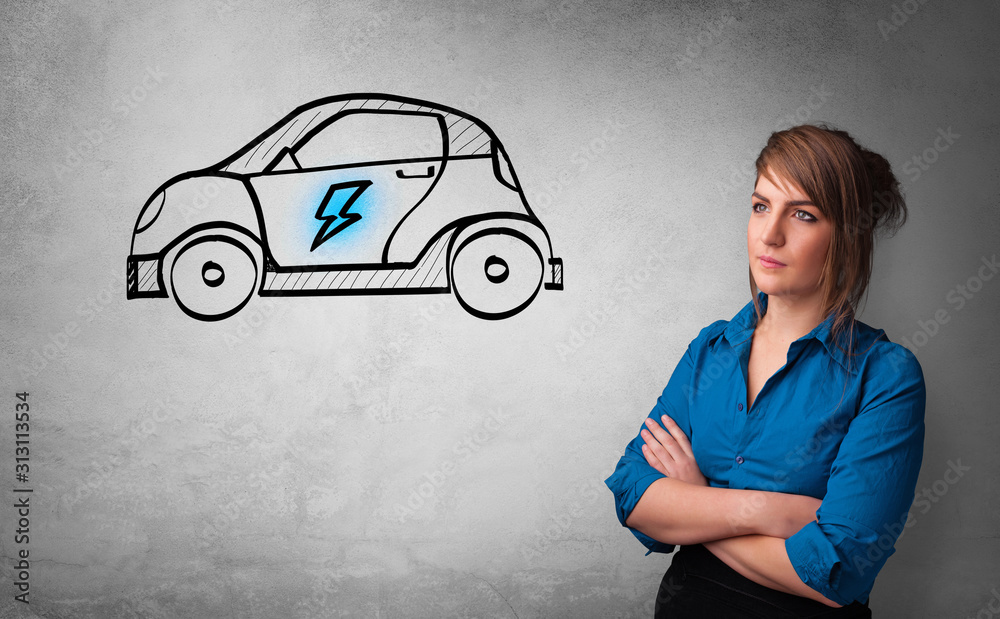 Formal person thinking about electric car concept Formal person thinking about electric car concept