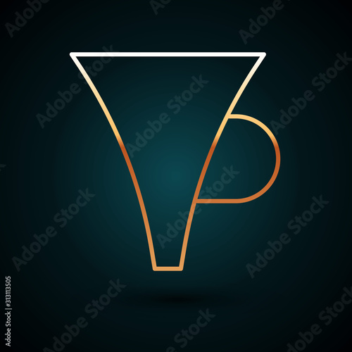 Gold line Funnel or filter icon isolated on dark blue background. Vector Illustration