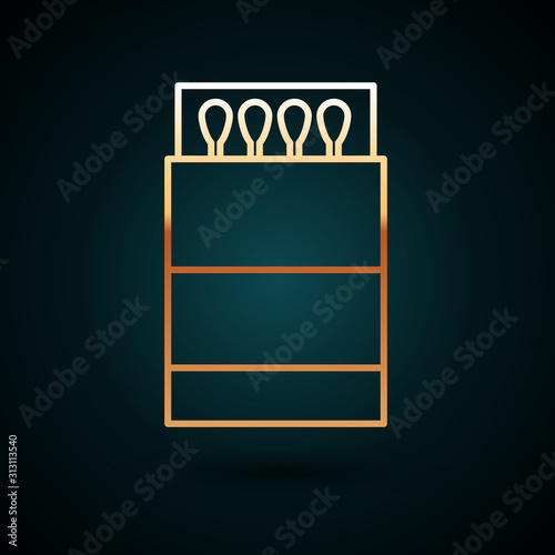Gold line Open matchbox and matches icon isolated on dark blue background. Vector Illustration