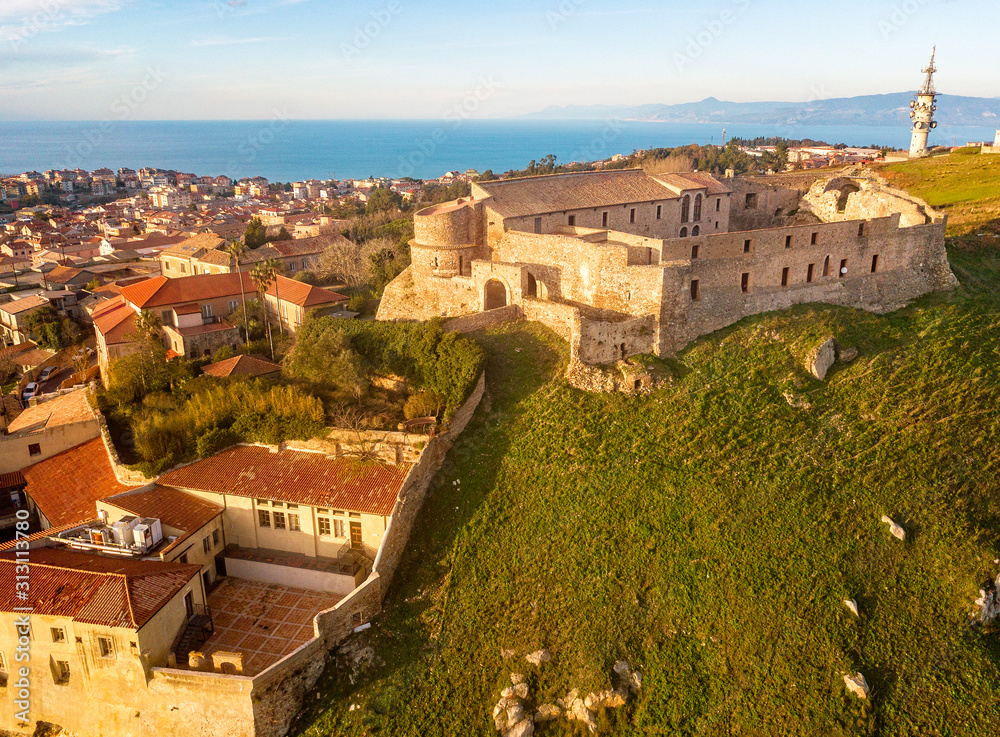 Aerial view of the Norman Swabian castle, Vibo Valentia, Calabria, Italy. Overview of the city seen from the sky, houses and rooftops